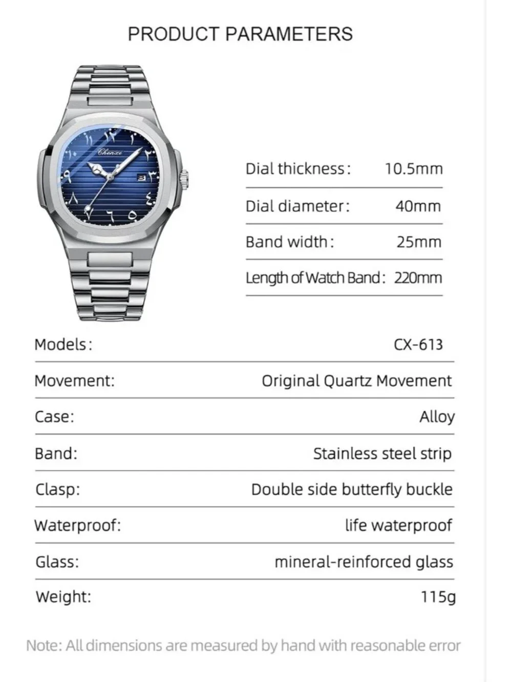 Men's Silver Blue Stainless Steel Strap Quartz Movement Waterproof Wrist Watch